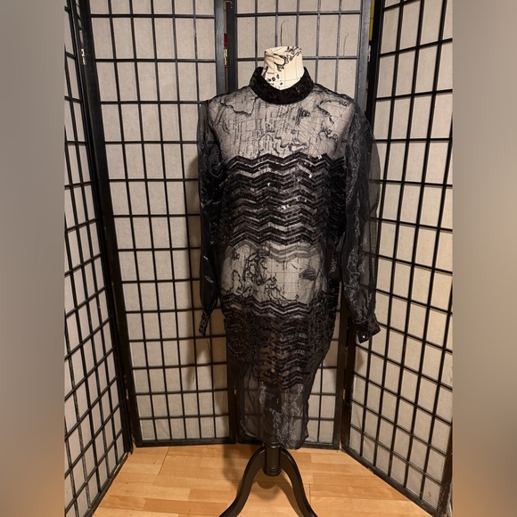 Modcloth Dresses & Skirts - NWT Modcloth Fanciful Fette Sequin Embellish Sheer Dress Black XL long sleeve